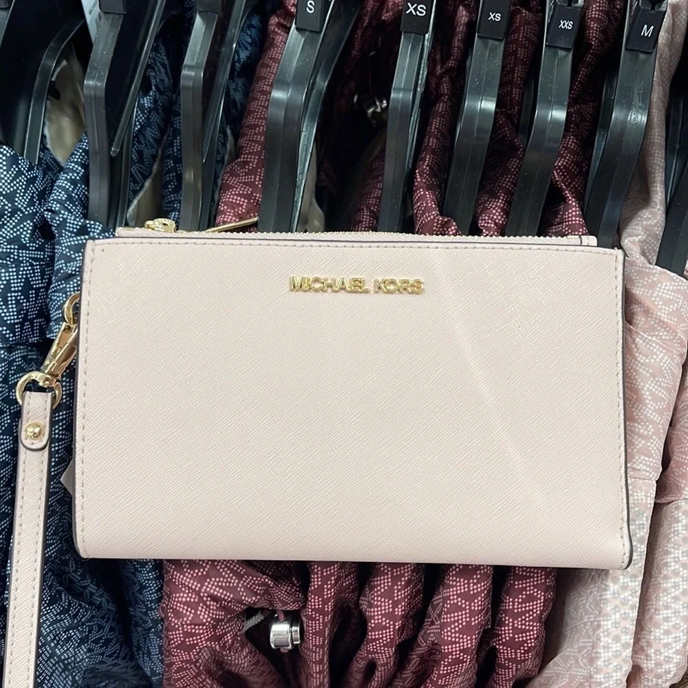 MICHAEL KORS LARGE DOUBLE ZIP WRISTLET WALLET PHONE CASE CLUTCH  Powder Blush